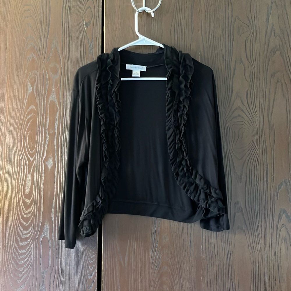 August Silk 3/4 sleeved ruffle edged shrug. Size XL